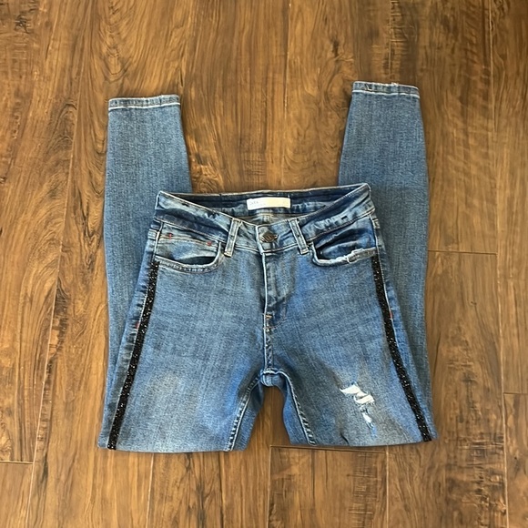 ZARA Z1975 Distressed Denim Jeans with Rhinestones Hem - Picture 10 of 12